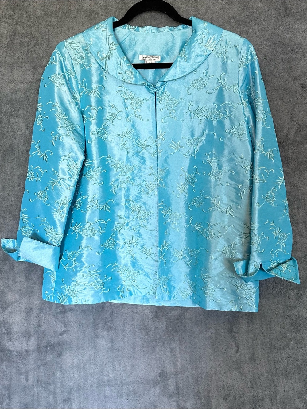 Silk blend Ice Blue embroidered Women's Open Jacket with Classic Collar large